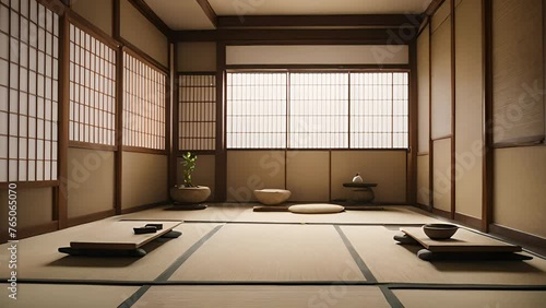 A serene tatami room with a tokonoma and���� windows photo