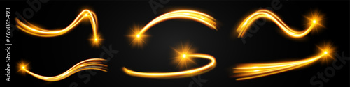 Light wave,shiny gold lines.Color glowing design element.Wavy bright stripes.Vector illustration.	
