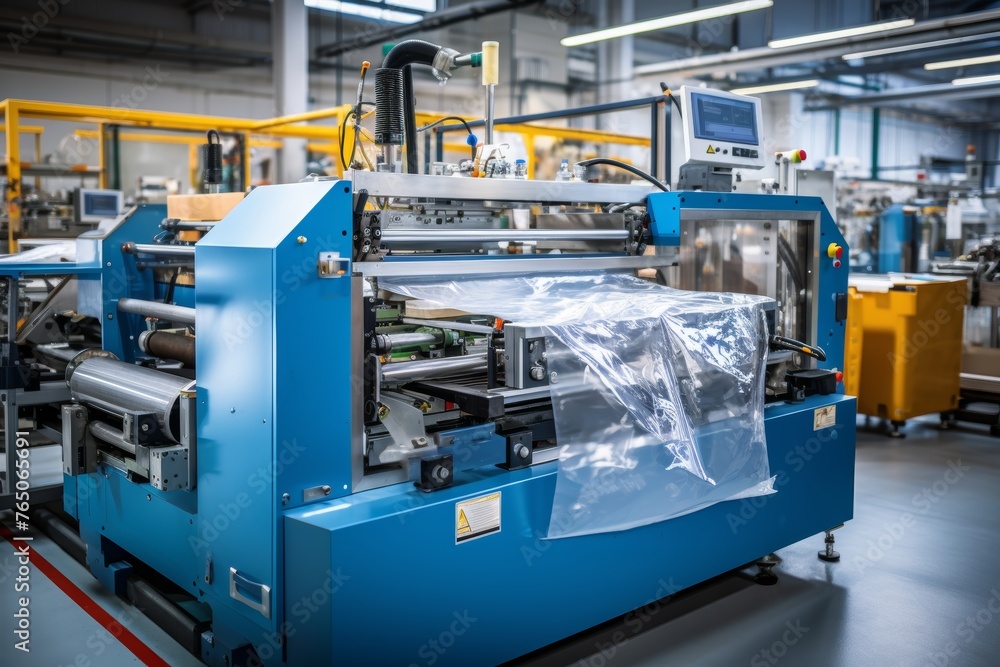 Industrial scene featuring a state-of-the-art bagging machine sealer and dedicated factory workers Industrial scene featuring a state-of-the-art bagging machine sealer and dedicated factory workers