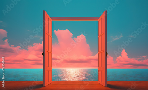 Open window with tropical landscape and ocean in y2k or vaporwave style. Pink sunrise in 90s style room, vacation calmness frame.