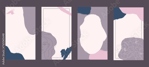 Abstract social media creative templates set. Post and story backgrounds with female face, flowers and different shapes. Vector illustration