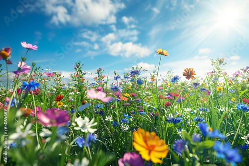 Illustration einer Blumenwiese im Sommer mit Sonnenschein 