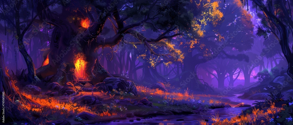 A well-painted image of a forest featuring a stream in the front and a blazing fire at its heart A well-painted image of a forest featuring a stream in the front and a blazing fire at its heart