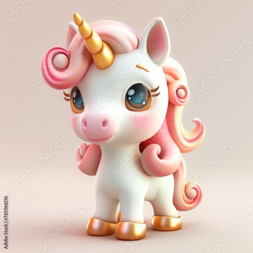 A white unicorn with a pink mane and a gold horn.