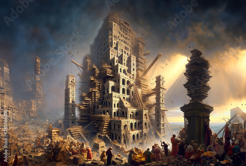 Construction of the Tower of Babel from the biblical story photo