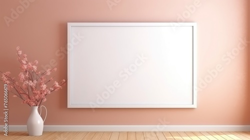 A mock-up of an empty wooden picture frame on a light wall background. A vase with flowers and leaves. The concept of advertising, a place for text.
