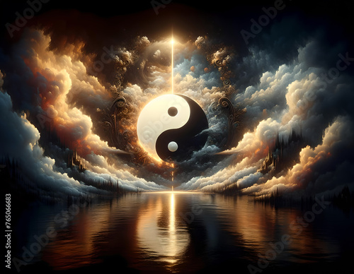 Yin yang symbol projected into nature at night