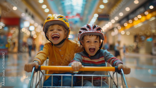 Joyful kids in mall cart, lit with natural elegance.generative ai