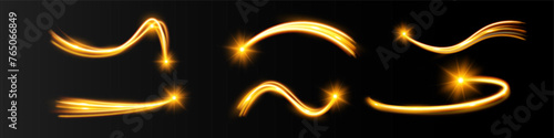 Light wave,shiny gold lines.Color glowing design element.Wavy bright stripes.Vector illustration.	
