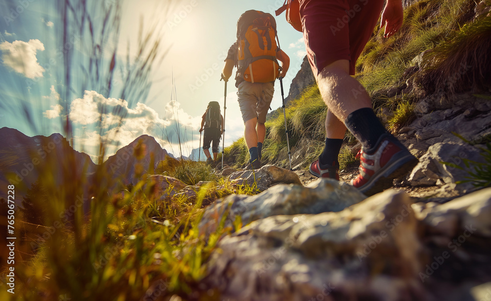 Hikers hiking the mountain trail. Hikers hiking the mountain trail.