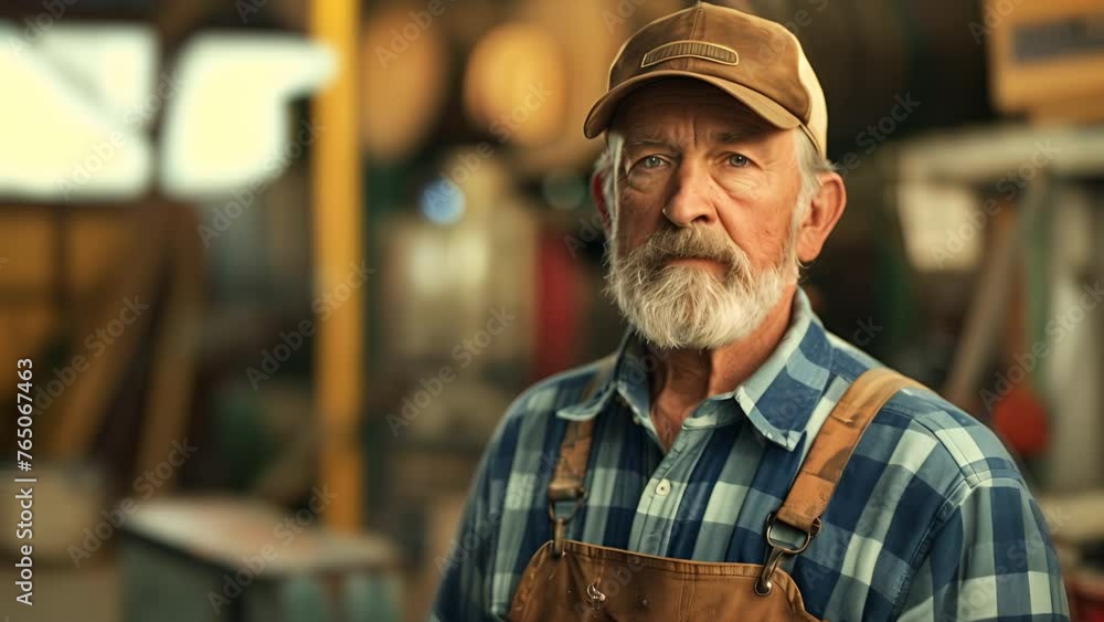 Slow motion portrait pushing towards a old Caucasian farmer with beard wearing a baseball cap standing in front of his farm equipment. American Hard Work Motif. 