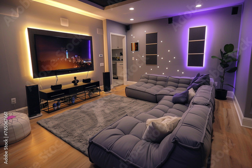 Tech-savvy setup in grays and purples, smart TV, ambient lighting, and modular sofa.