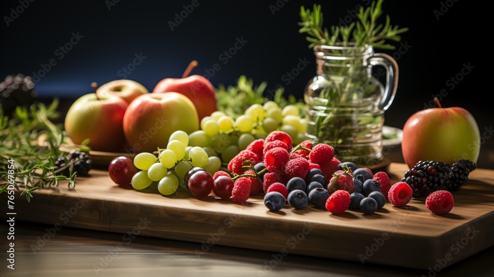a cutting board with a variety of fruits and vegetables on it
