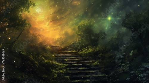 a painting of a stairway leading © progressman