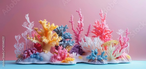 Illustrate the regeneration of coral reefs using 3D-printed coral structures, solid color background