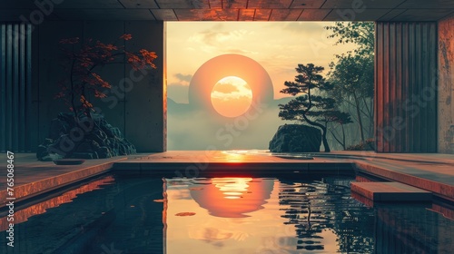 Fototapeta Naklejka Na Ścianę i Meble -  A serene painting of a meditation space powered entirely by ambient noise-converted energy, merging tranquility with innovative energy harvesting techniques