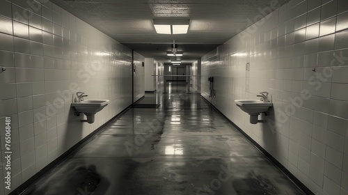 a long hallway with two sinks