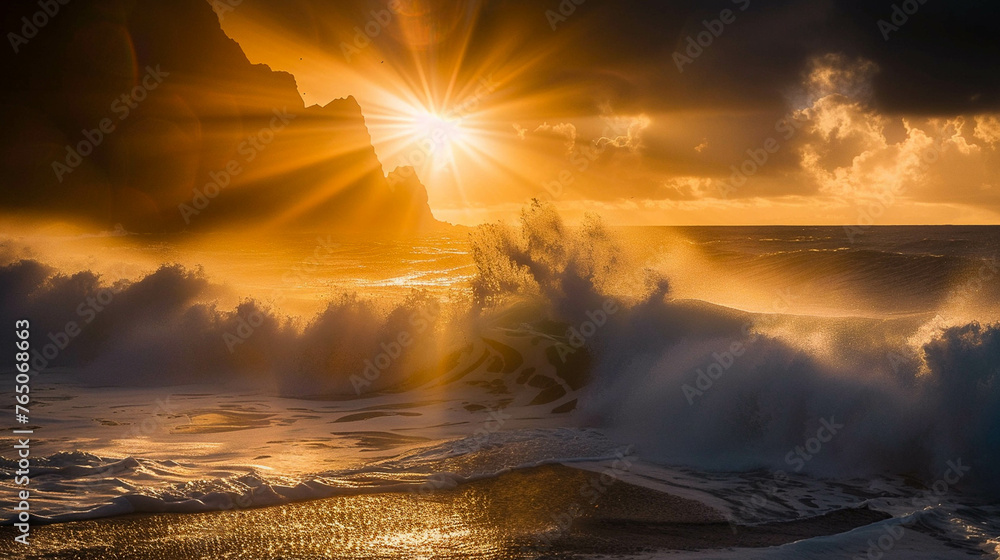 Golden sunbeams caress the sparkling ocean waves, casting a hypnotic symphony of light and water. Perfect for coastal-themed decor or tranquil retreats. - obrazy, fototapety, plakaty 