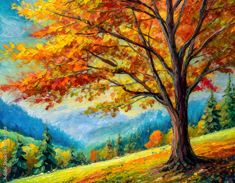 Oil painting a big tree landscape. Colorful autumn plam tree on digital art concept.