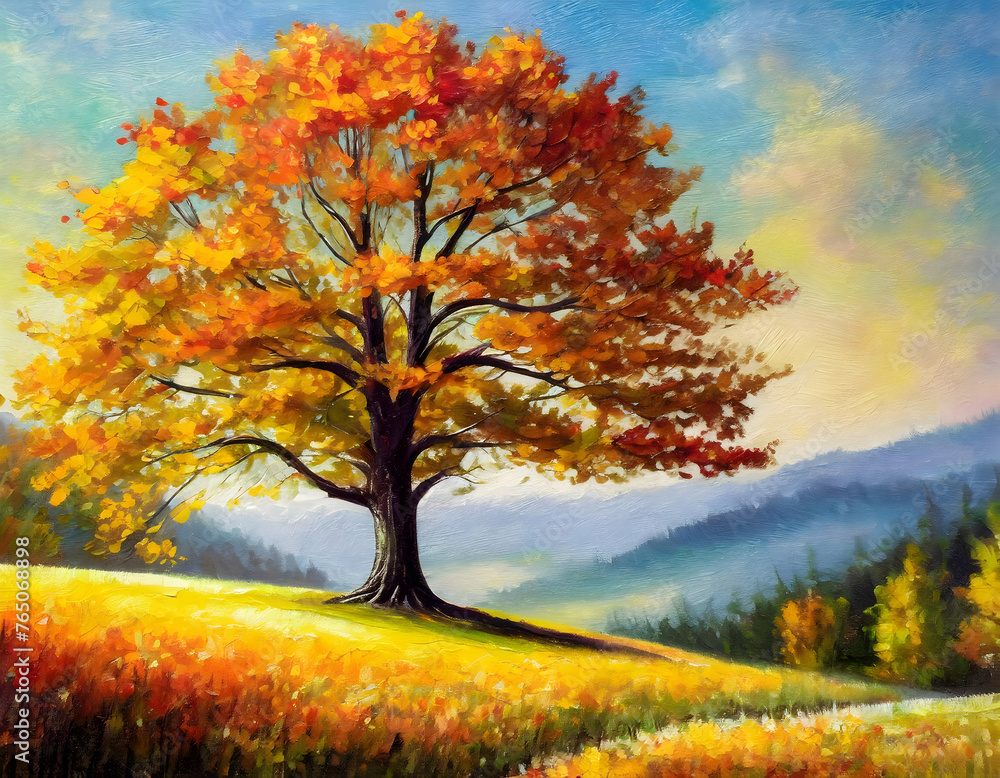 Oil painting a big tree landscape. Colorful autumn plam tree on digital art concept.