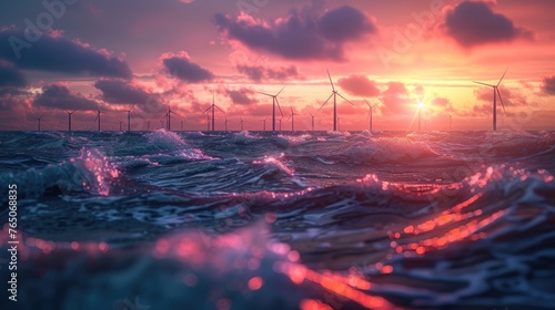 A majestic view of an offshore wind farm at dawn, with turbines standing tall above the waves, symbolizing strength and the vast potential of renewable resources
