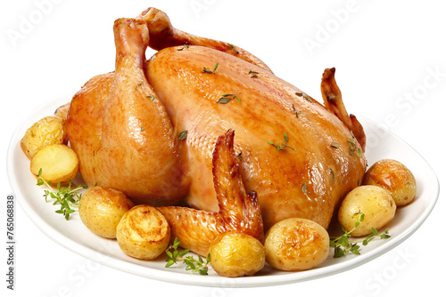 frango assado acompanhado de batatas assadas com ervas isolado em fundo transparente