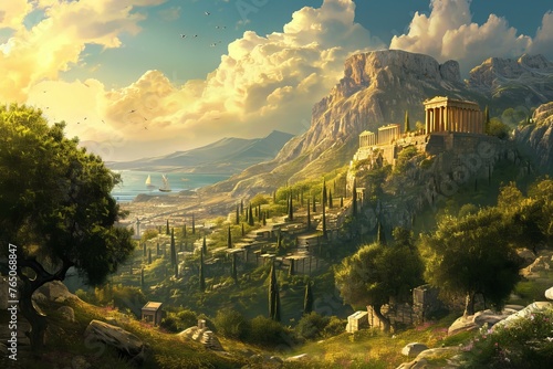 Mountainous Ancient greece landscape. Temple art. Generate Ai