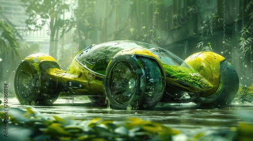 An imaginative drawing of a futuristic algae-powered vehicle, exploring the potential of algae biofuels and the innovation in green transportation technologies photo
