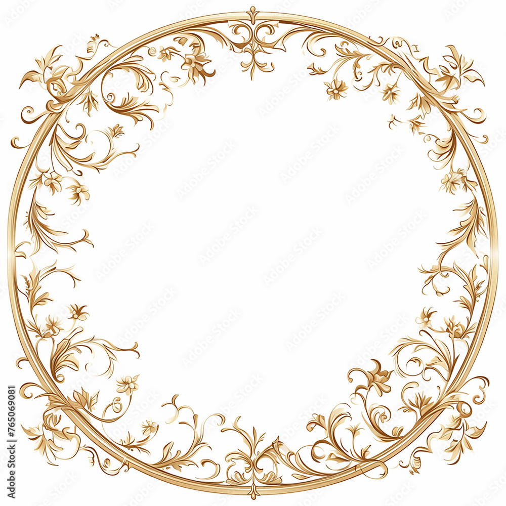 A gold framed circle with a floral design. The design is intricate and detailed A gold framed circle with a floral design. The design is intricate and detailed