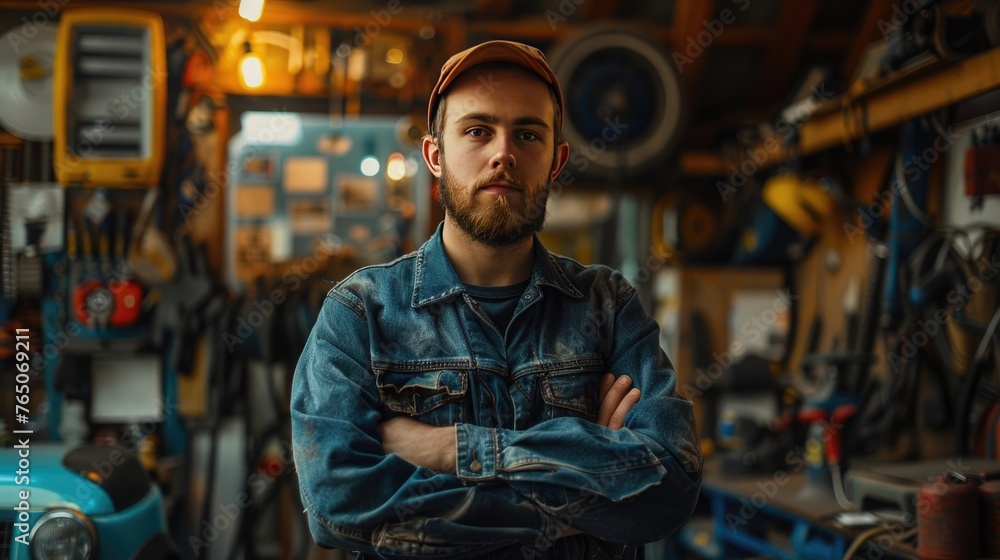 A detailed portrait of an electric car mechanic in a workshop, highlighting the growing industry and job opportunities in the electric vehicle maintenance sector