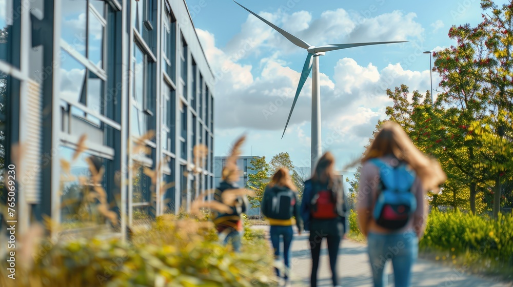 A dynamic scene at a university where students engineer a compact, efficient wind turbine for residential use, symbolizing innovation and progress in wind energy technology