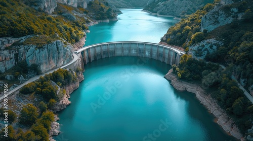 A dynamic aerial view of a large dam equipped with hydroelectric power generators, providing clean energy while maintaining ecological balance