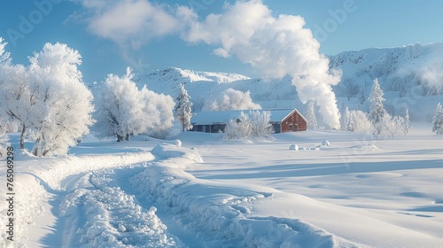 A snowy landscape with a geothermal heating facility, showing how natural heat can provide sustainable energy in cold climates
