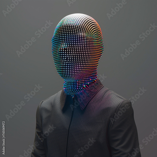 Holographic pixeled face, multicolored pixeled portrait, grey background photo