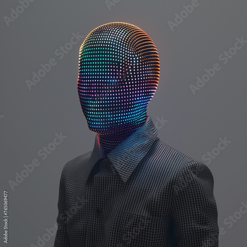 Holographic pixeled face, multicolored pixeled portrait, grey background photo