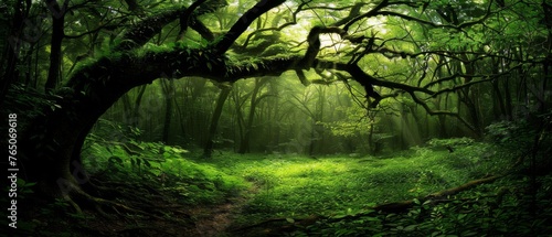  Lush green forest, brimming with trees and blanketed in grass The floor is dense with tree trunks and verdant undergrowth