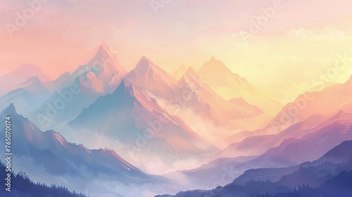 Use soft  pastel colors to depict the breaking dawn of mountains in the warm light of sunrise