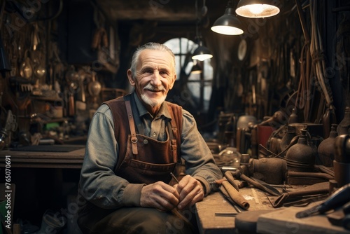 Wallpaper Mural An elderly man is a cobbler in his workshop repairing shoes.  Torontodigital.ca