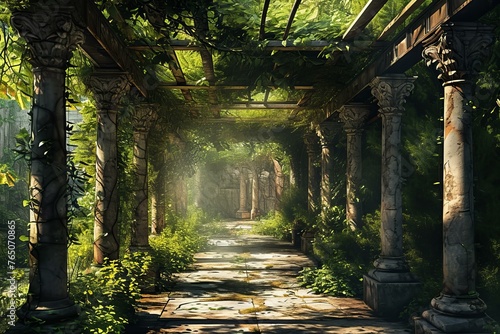 Weathered Ancient pergola. Column exterior style. Generate Ai photo