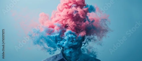  A man with pink and blue smoke emanating from his head, set against a backdrop of blue and pink smoke clouds