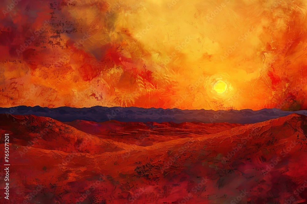 Crimson Dusk Fiery Sunset Over Desert Sands, Digital Art, Desert Beauty Theme