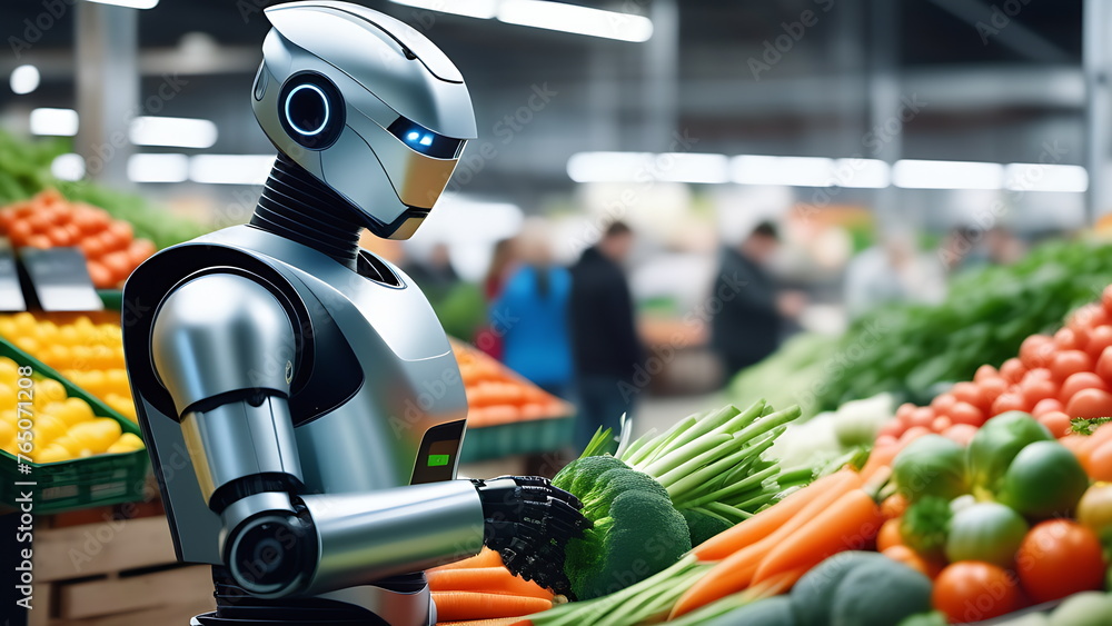 A silver robot sorts green vegetables in a supermarket - obrazy, fototapety, plakaty 