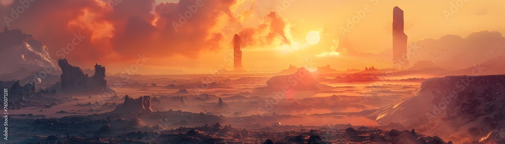 Alien Landscape with Ancient Castles and Volcanic Mountains, To provide a visually striking and imaginative representation of an alien landscape for - obrazy, fototapety, plakaty 