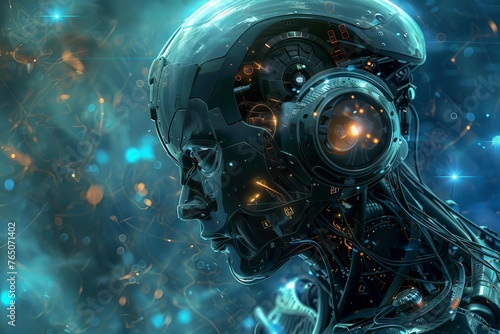 Cybernetic Dreams Human and Machine Fusion, Digital Art, Sci-Fi Fantasy Theme © furyon