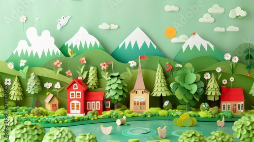 Springtime Serenity. A Charming Paper Art Landscape of  Village
