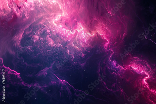 A space filled with pink and purple clouds and stars. The colors are vibrant and the scene is full of energy