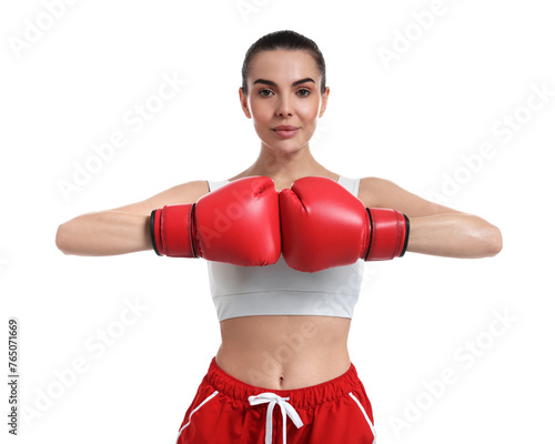 Beautiful woman in boxing gloves on white background