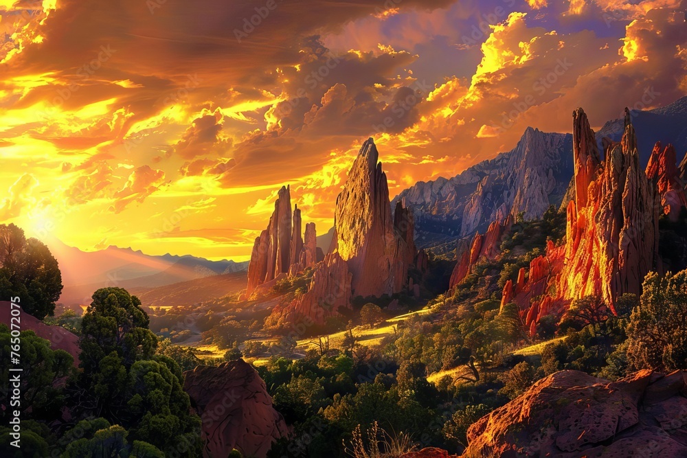 Garden of the Gods Majestic Rock Formations Under a Vibrant Sunset Sky, Digital Art Natural Wonder Theme