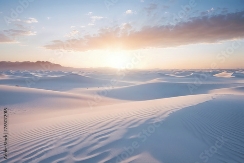 Scenic landscape photography of smooth white sand dunes of a wind swept desert during sunrise. Breathtaking view of magnificent sandy white desert dunes of an unexplored planet, science fiction scene.