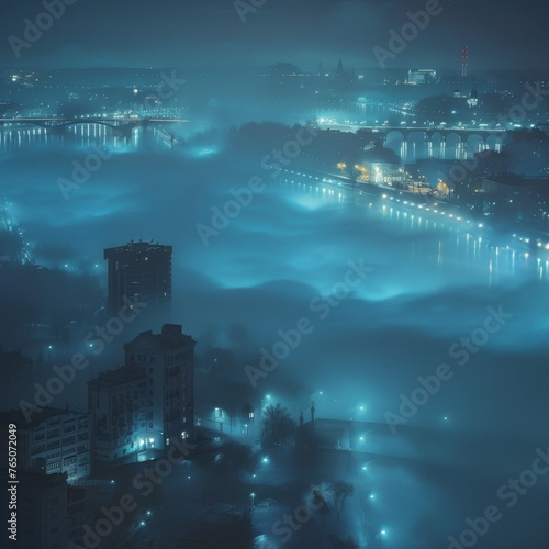 Aerial view of a city enveloped in thick mist at night, with lights softly illuminating buildings and streets